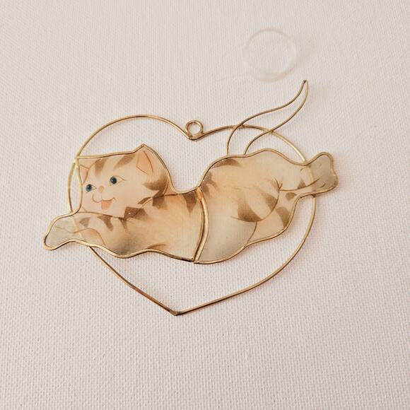 Cat Jumping Through a Heart Sun Catcher Capiz Shell Hand Painted Gold Hardware - Picture 1 of 5